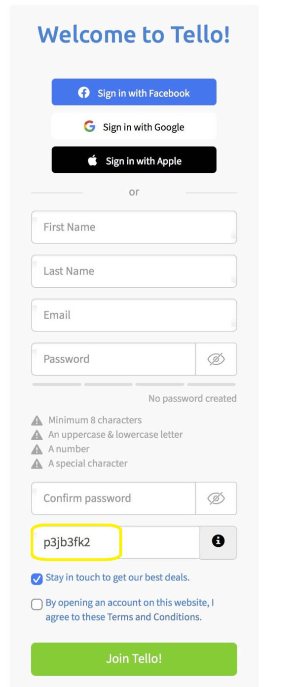 Telloのユーザー登録画面