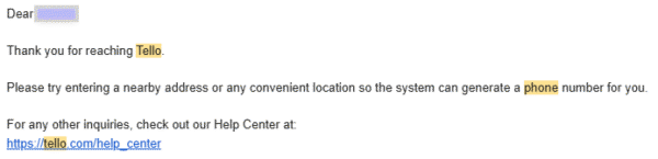 Telloのカスタマーサービスからの返信メール
