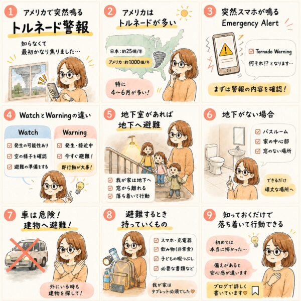 アメリカのトルネード警報(WatchとWarning)と避難方法をまとめた解説図