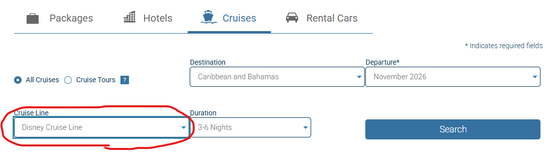 Costco Travelのクルーズ選択画面