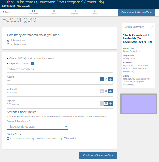 Diney Cruse予約時の人数選択画面