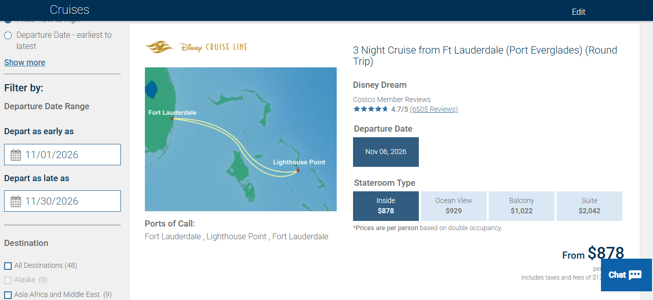 Costco TravelでDisney Cruse選択画面