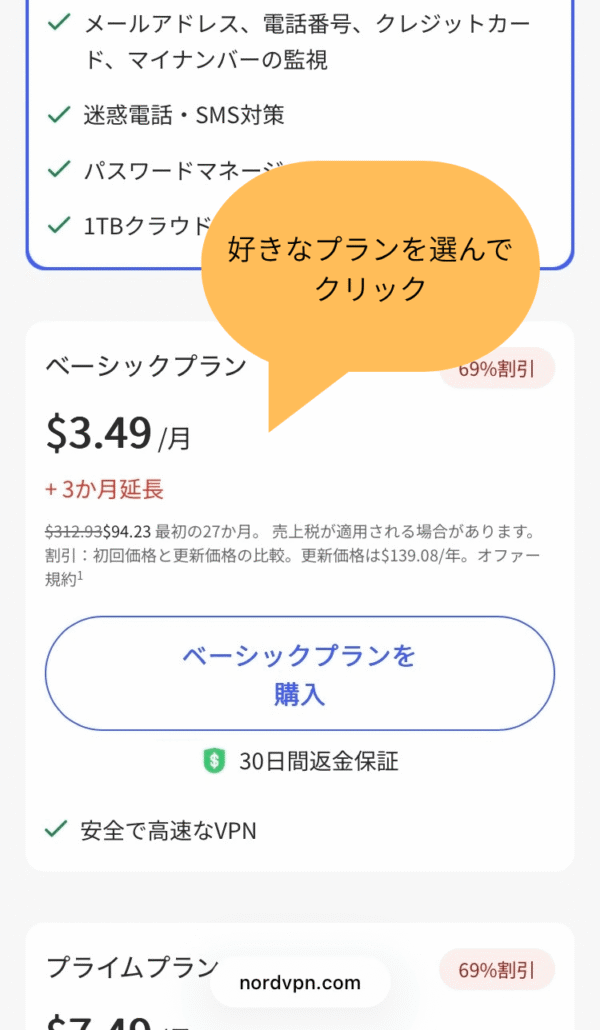 NordVPNプラン選択画面